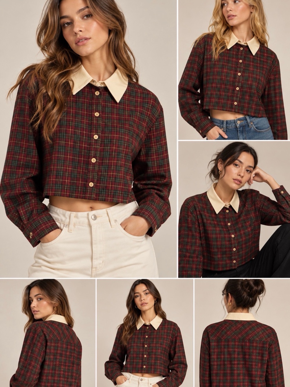 Endless Rose Red and Green Plaid Cropped Button-Up Jacket with Cream Collar